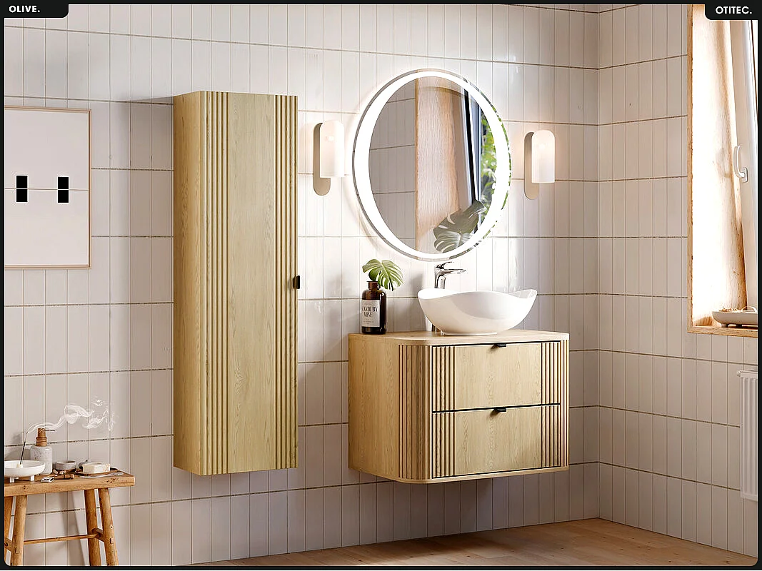 Ensemble de meubles sous vasque - 80 cm - avec Plan - Colonne - OLIVE - Chêne