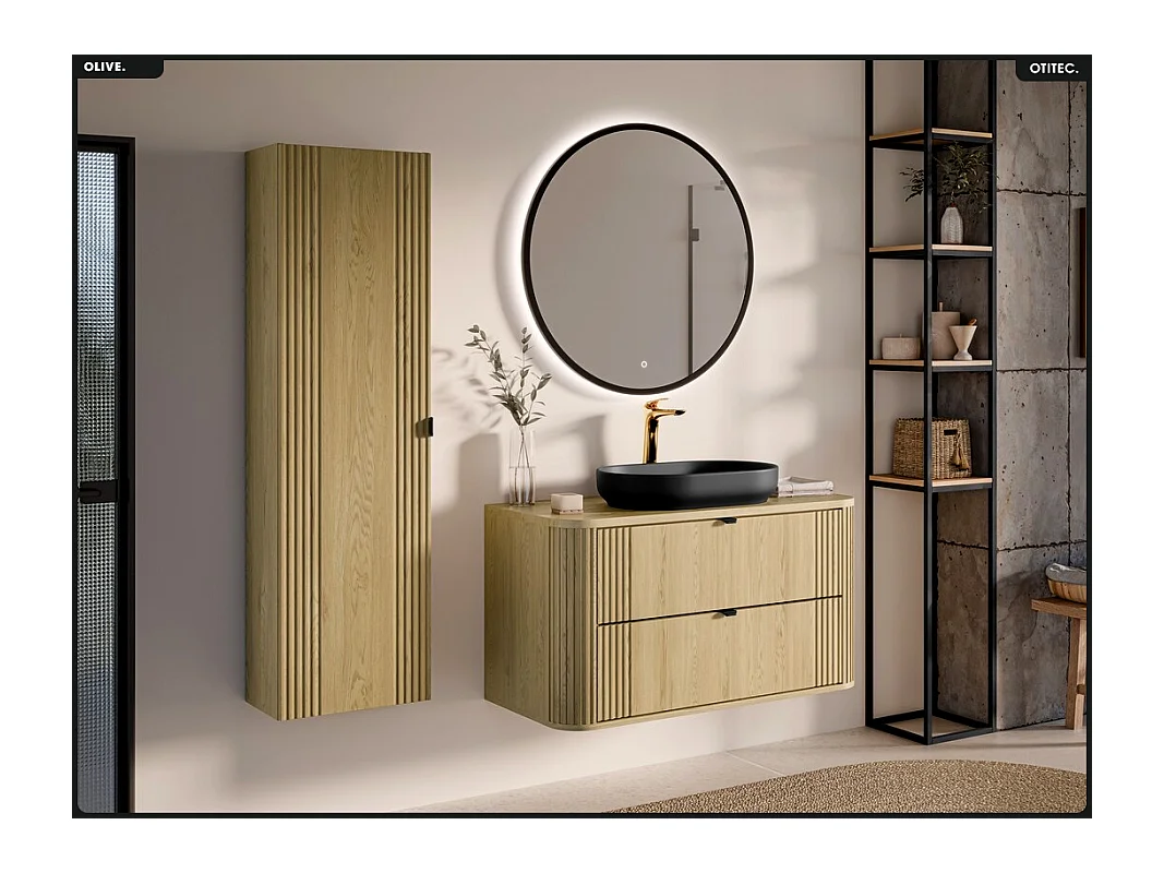 Ensemble de meubles sous vasque - 100 cm - avec Plan - Colonne - OLIVE - Chêne