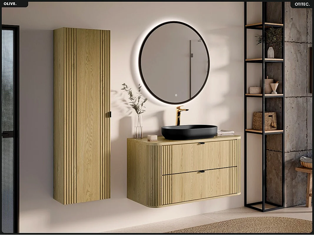 Ensemble de meubles sous vasque - 100 cm - avec Plan - Colonne - OLIVE - Chêne