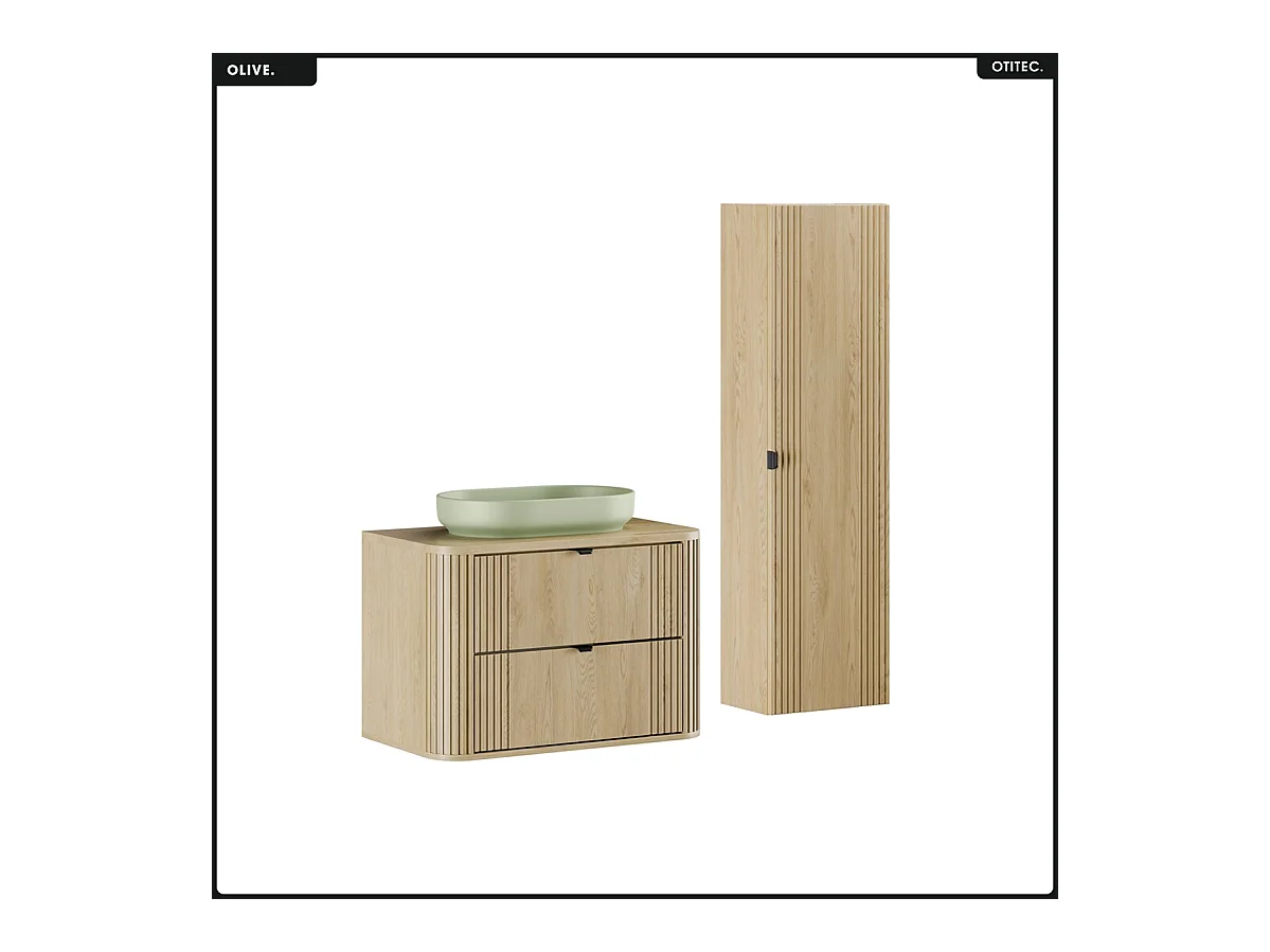 Ensemble de meubles sous vasque - 80 cm - avec Plan - Vasque - Colonne - OLIVE - Chêne
