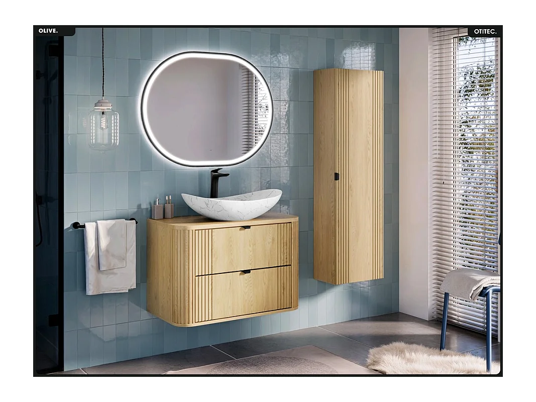 Ensemble de meubles sous vasque - 80 cm - avec Plan - Vasque - Colonne - OLIVE - Chêne