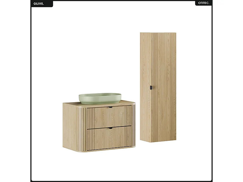 Ensemble de meubles sous vasque - 80 cm - avec Plan - Vasque - Colonne - OLIVE - Chêne