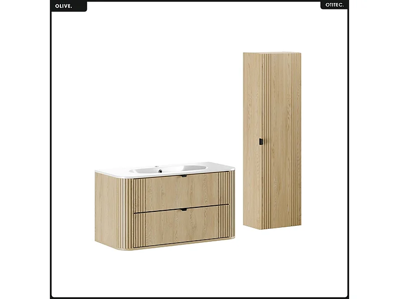 Ensemble de meubles sous vasque - 100 cm - avec Vasque - Colonne - OLIVE - Chêne