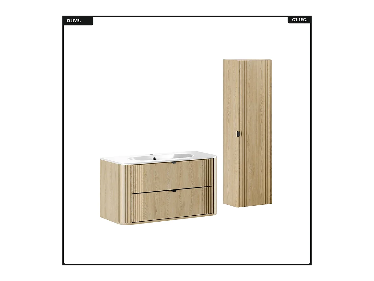 Ensemble de meubles sous vasque - 100 cm - avec Vasque - Colonne - OLIVE - Chêne