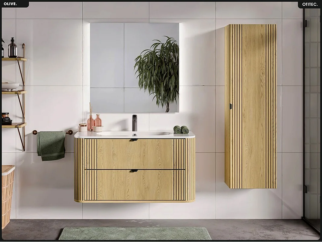 Ensemble de meubles sous vasque - 100 cm - avec Vasque - Colonne - OLIVE - Chêne