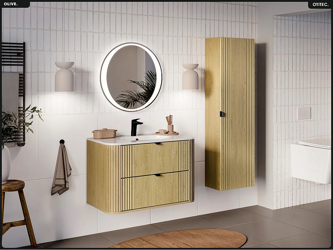 Ensemble de meubles sous vasque - 80 cm - avec Vasque - Colonne - OLIVE - Chêne