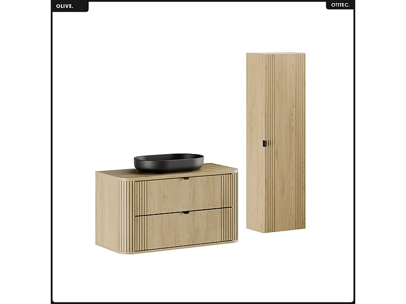 Ensemble de meubles sous vasque - 100 cm - avec Plan - Vasque - Colonne - OLIVE - Chêne