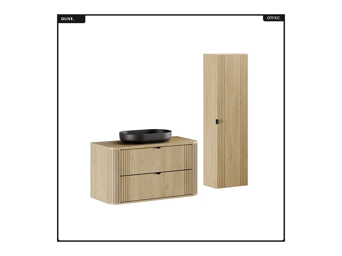 Ensemble de meubles sous vasque - 100 cm - avec Plan - Vasque - Colonne - OLIVE - Chêne