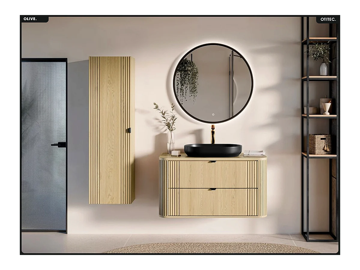 Ensemble de meubles sous vasque - 100 cm - avec Plan - Vasque - Colonne - OLIVE - Chêne