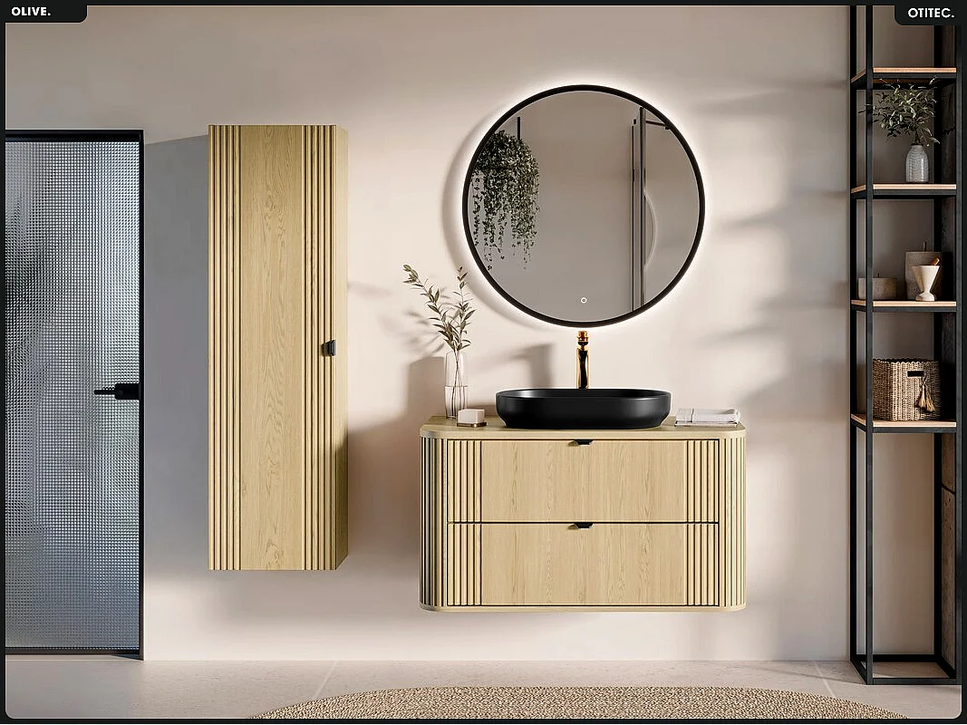 Ensemble de meubles sous vasque - 100 cm - avec Plan - Vasque - Colonne - OLIVE - Chêne