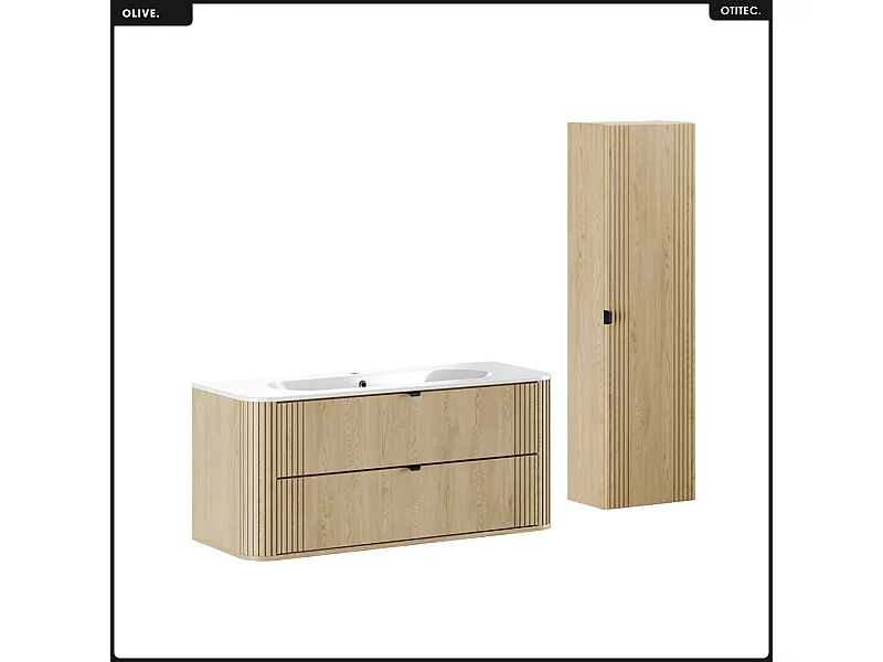 Ensemble de meubles sous vasque - 120 cm - avec Vasque - Colonne - OLIVE - Chêne