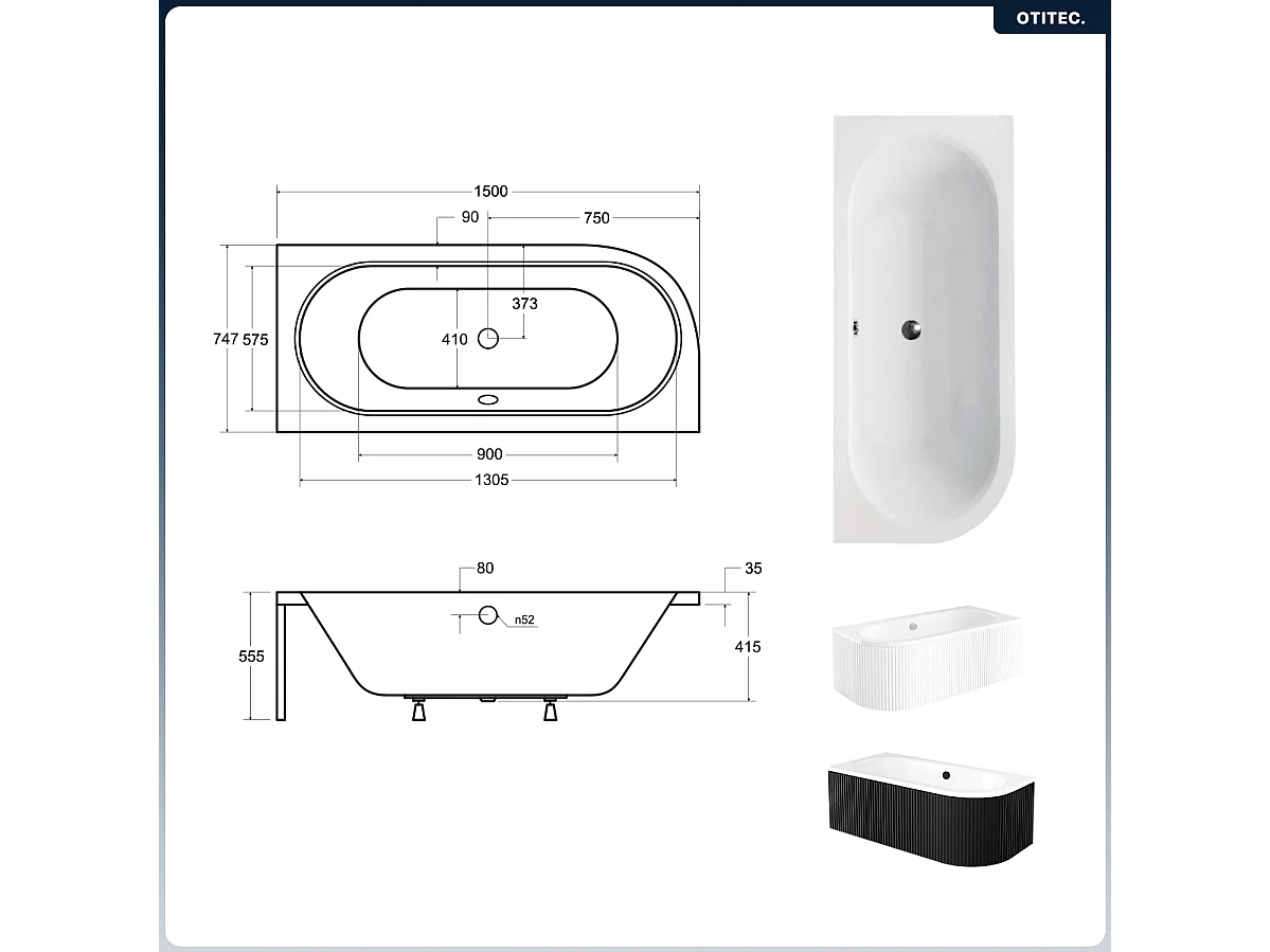 Baignoire asymétrique - 150 x 75 cm - Droite - avec Tablier Rainuré - Siphon Chrome & Pieds - INCLUS - AVITA BLACK