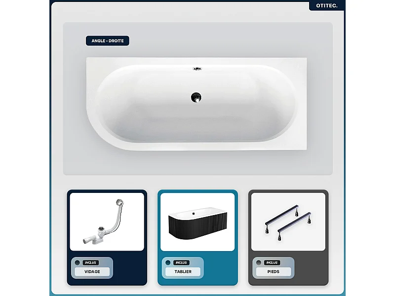 Baignoire asymétrique - 150 x 75 cm - Droite - avec Tablier Rainuré - Siphon Chrome & Pieds - INCLUS - AVITA BLACK