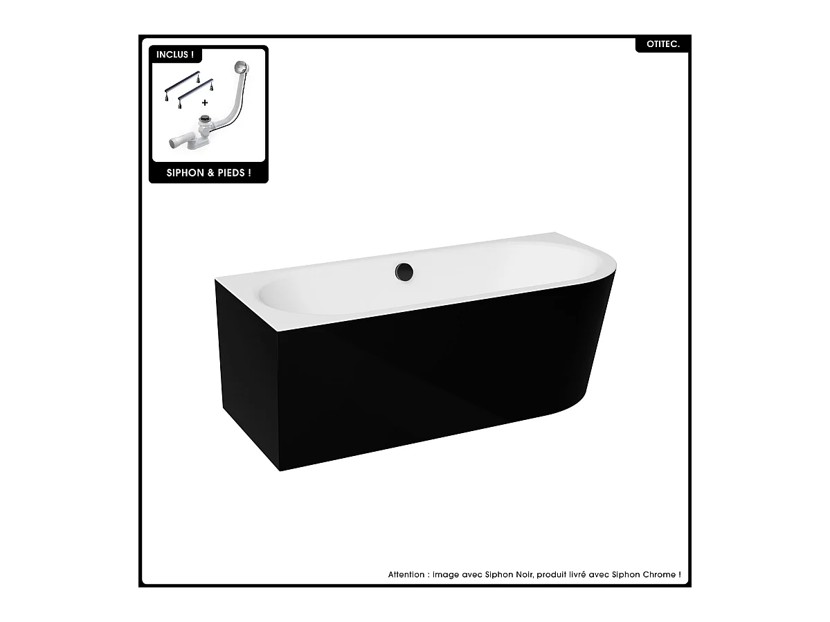 Baignoire asymétrique - 170 x 75 cm - Gauche - Siphon Chrome & Pieds - INCLUS - NOIR - AVITA A-LINE