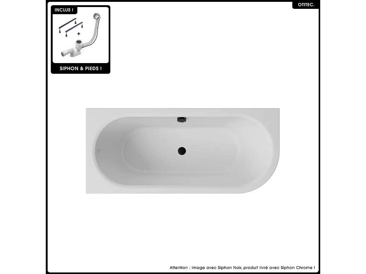 Baignoire asymétrique - 170 x 75 cm - Gauche - Siphon Chrome & Pieds - INCLUS - NOIR - AVITA A-LINE