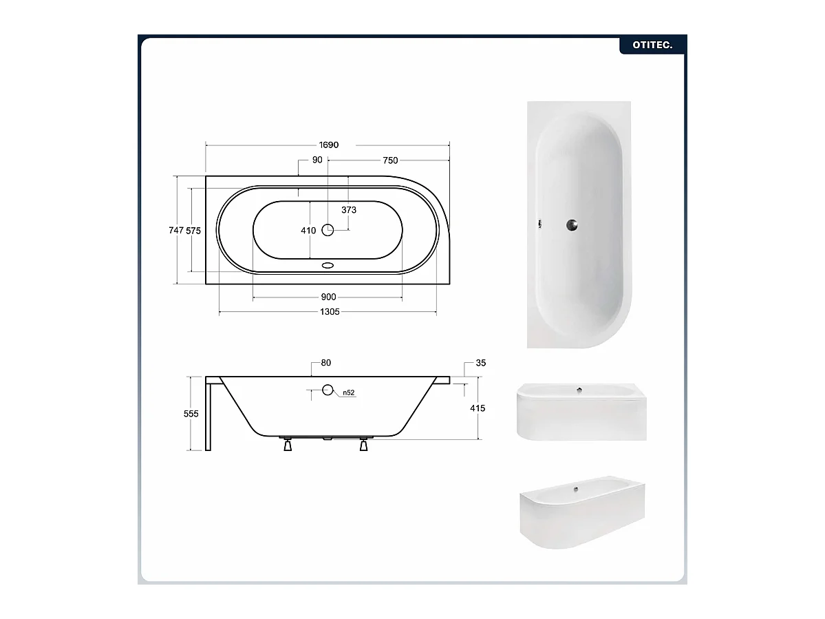 Baignoire asymétrique - 170 x 75 cm - Droite - Siphon Blanc & Pieds - INCLUS - NOIR - AVITA A-LINE