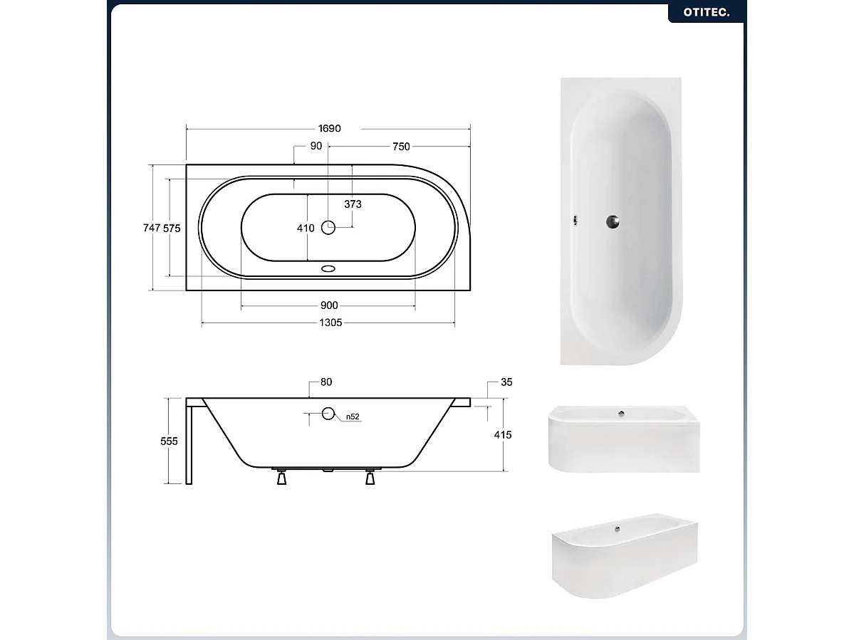 Baignoire asymétrique - 170 x 75 cm - Droite - Siphon Chrome & Pieds - INCLUS - NOIR - AVITA A-LINE