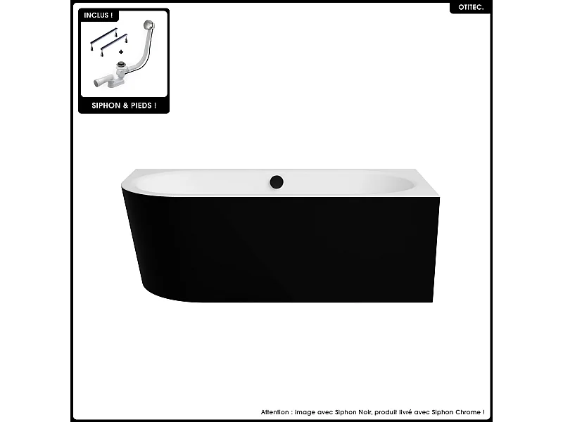 Baignoire asymétrique - 170 x 75 cm - Droite - Siphon Chrome & Pieds - INCLUS - NOIR - AVITA A-LINE