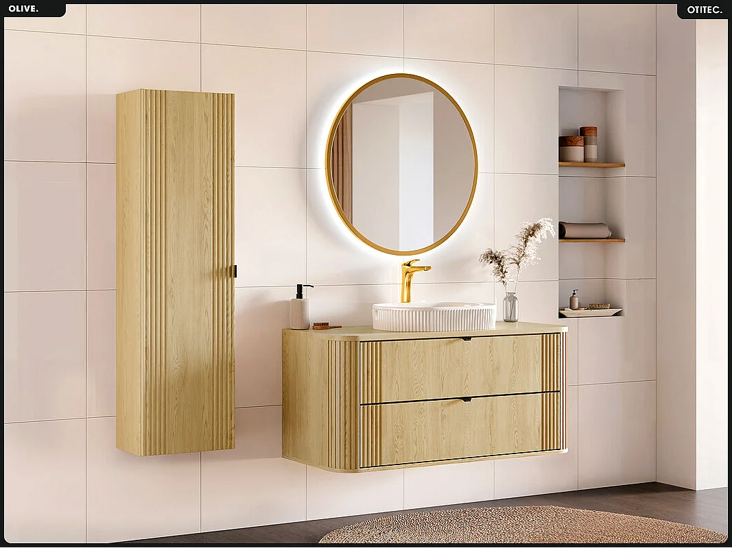 Ensemble de meubles sous vasque - 120 cm - avec Plan - Vasque - Colonne - OLIVE - Chêne