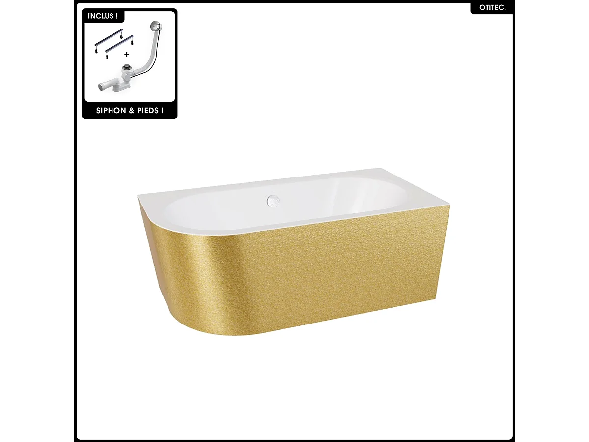 Baignoire asymétrique - 150 x 75 cm - Droite - Siphon Chrome & Pieds - INCLUS - DORÉ - AVITA GLAM