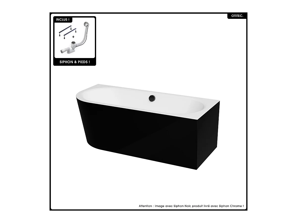 Baignoire asymétrique - 160 x 75 cm - Droite - Siphon Chrome & Pieds - INCLUS - NOIR - AVITA A-LINE