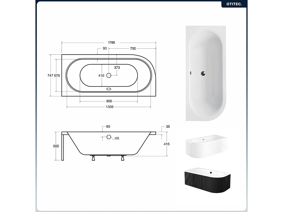 Baignoire asymétrique - 180 x 80 cm - Droite - avec Tablier Rainuré - Siphon Chrome & Pieds - INCLUS - AVITA WHITE