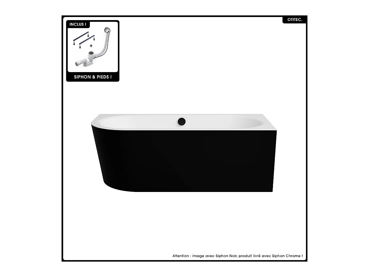 Baignoire asymétrique - 150 x 75 cm - Droite - Siphon Chrome & Pieds - INCLUS - NOIR - AVITA A-LINE