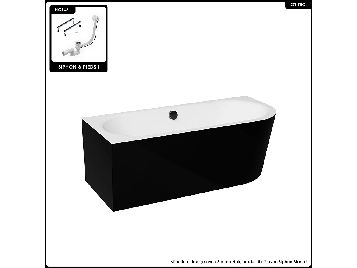 Baignoire asymétrique - 170 x 75 cm - Gauche - Siphon Blanc & Pieds - INCLUS - NOIR - AVITA A-LINE