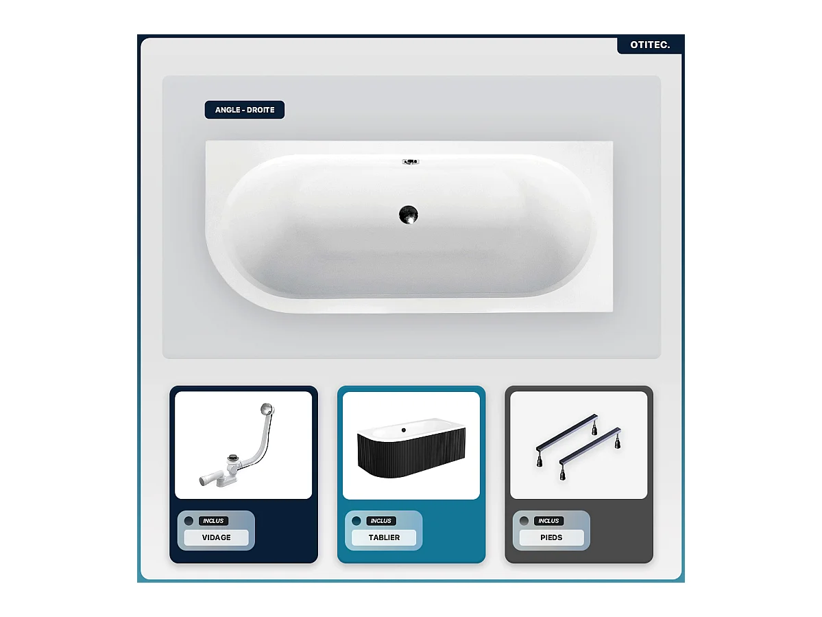 Baignoire asymétrique - 160 x 75 cm - Droite - avec Tablier Rainuré - Siphon Chrome & Pieds - INCLUS - AVITA BLACK