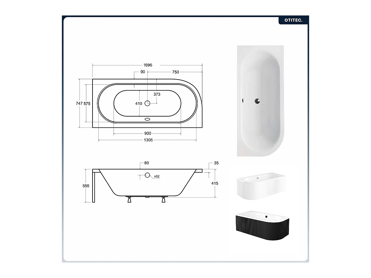 Baignoire asymétrique - 160 x 75 cm - Droite - avec Tablier Rainuré - Siphon Chrome & Pieds - INCLUS - AVITA BLACK