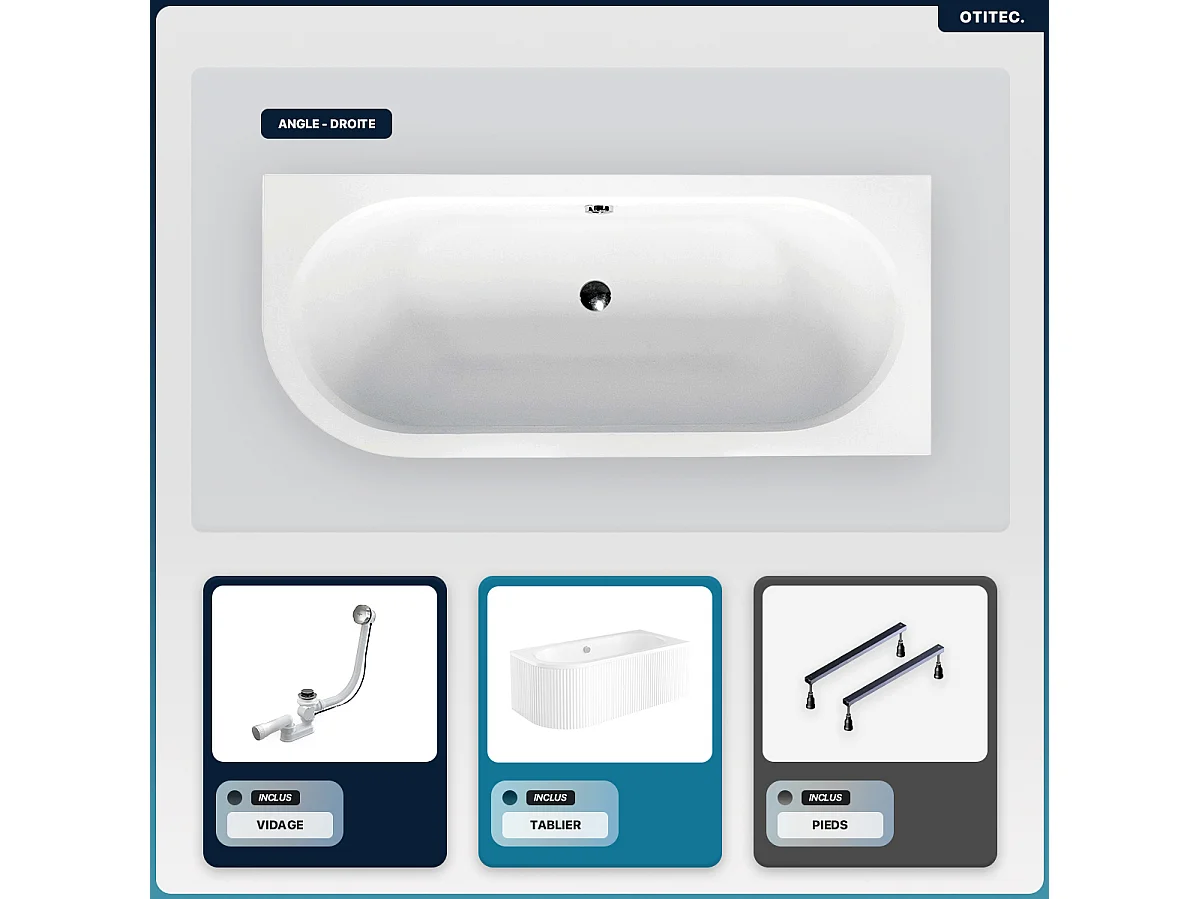 Baignoire asymétrique - 170 x 75 cm - Droite - avec Tablier Rainuré - Siphon Chrome & Pieds - INCLUS - AVITA WHITE