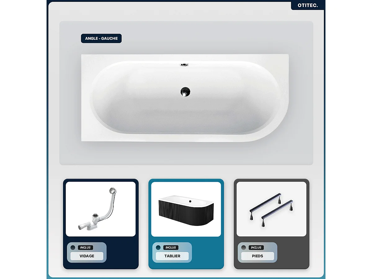 Baignoire asymétrique - 160 x 75 cm - Gauche - avec Tablier Rainuré - Siphon Chrome & Pieds - INCLUS - AVITA BLACK