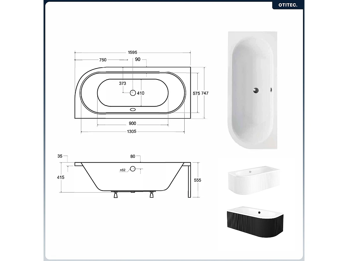 Baignoire asymétrique - 160 x 75 cm - Gauche - avec Tablier Rainuré - Siphon Chrome & Pieds - INCLUS - AVITA BLACK