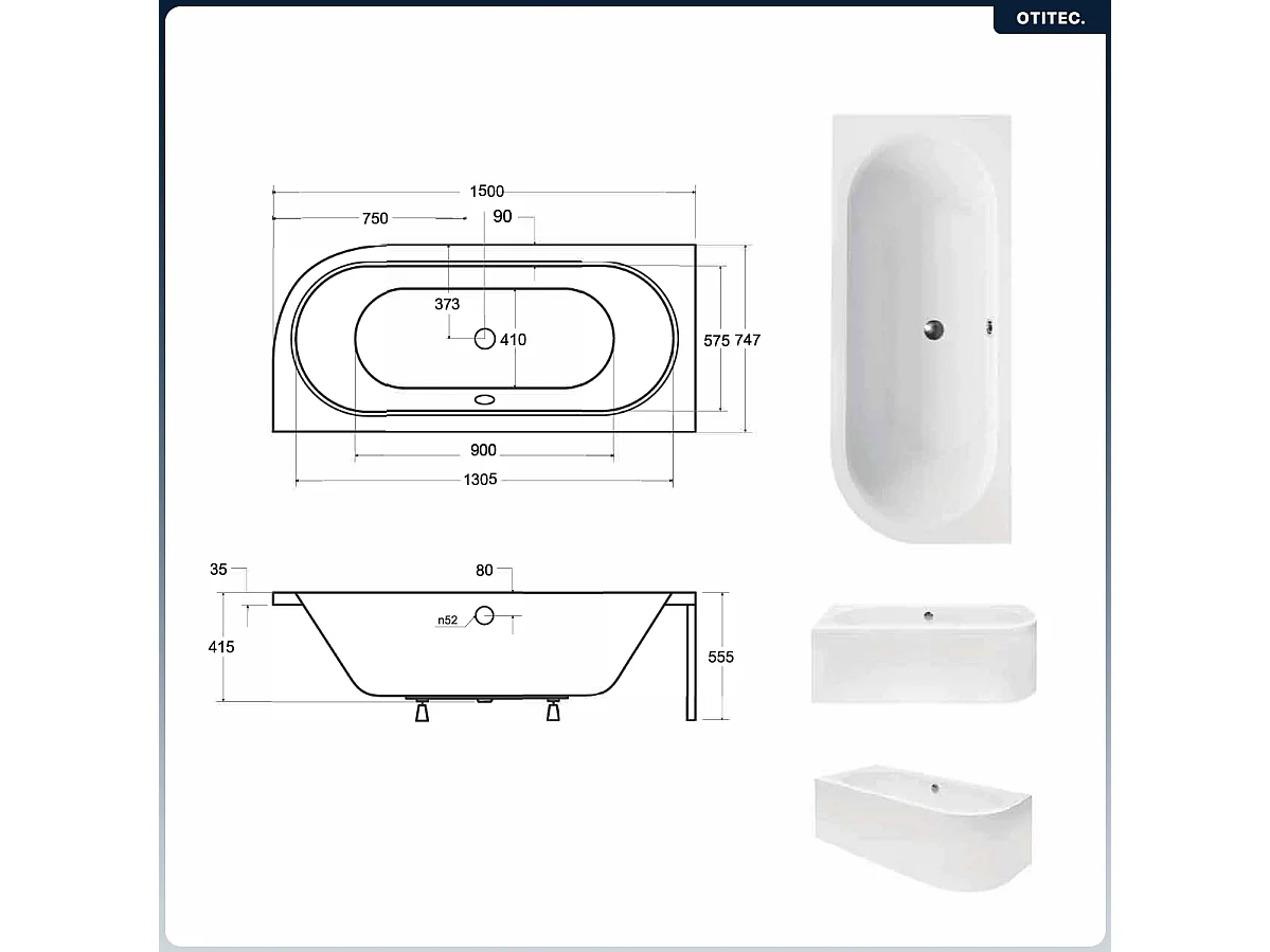 Baignoire asymétrique - 150 x 75 cm - Gauche - Siphon Blanc & Pieds - INCLUS - NOIR - AVITA A-LINE