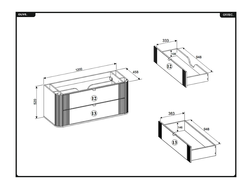 Meuble sous vasque - H.52 x L.120 x P.45 - OLIVE - Chêne