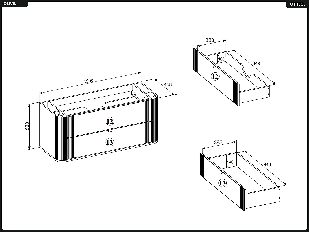 Meuble sous vasque - H.52 x L.120 x P.45 - OLIVE - Chêne