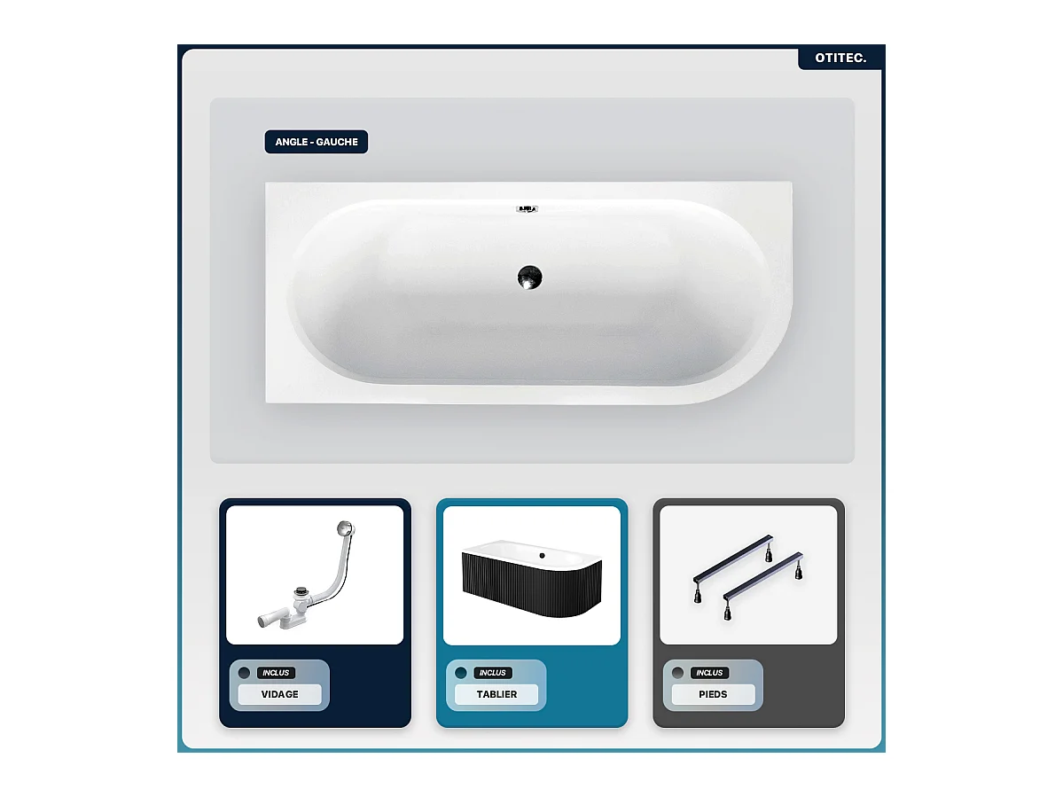 Baignoire asymétrique - 170 x 75 cm - Gauche - avec Tablier Rainuré - Siphon Chrome & Pieds - INCLUS - AVITA BLACK