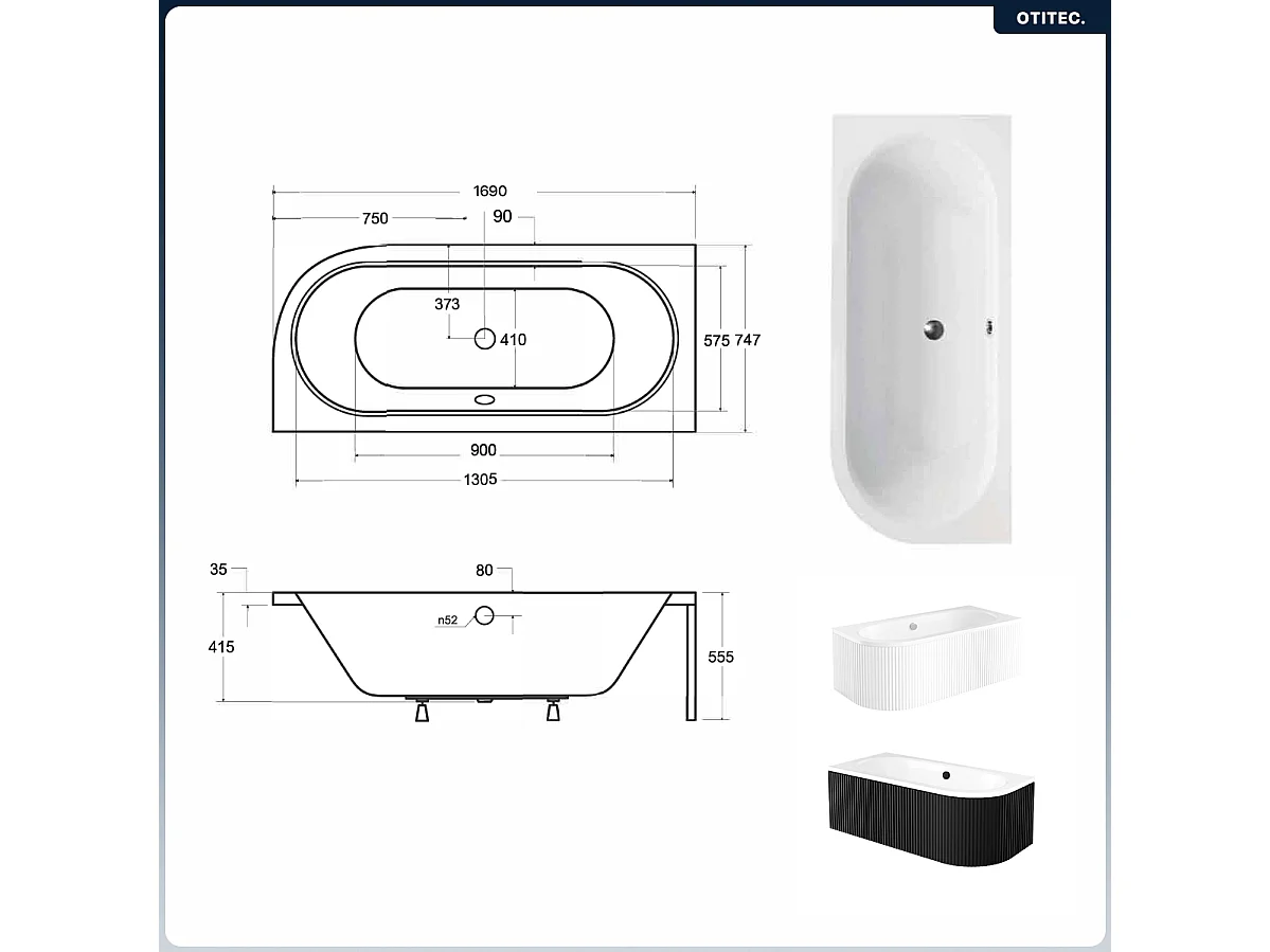 Baignoire asymétrique - 170 x 75 cm - Gauche - avec Tablier Rainuré - Siphon Chrome & Pieds - INCLUS - AVITA BLACK