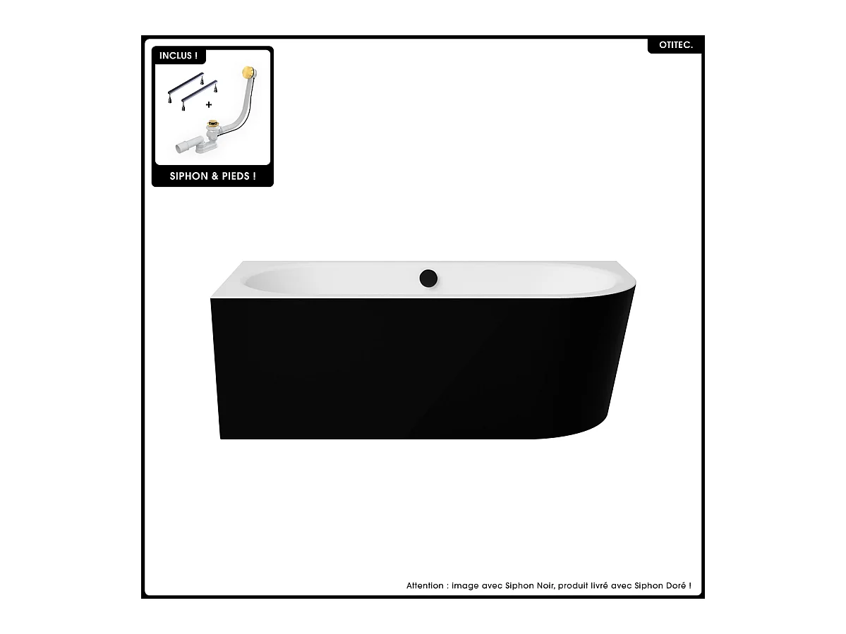 Baignoire asymétrique - 170 x 75 cm - Gauche - Siphon Doré & Pieds - INCLUS - NOIR - AVITA A-LINE