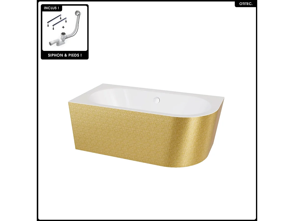 Baignoire asymétrique - 170 x 75 cm - Gauche - Siphon Chrome & Pieds - INCLUS - DORÉ - AVITA GLAM