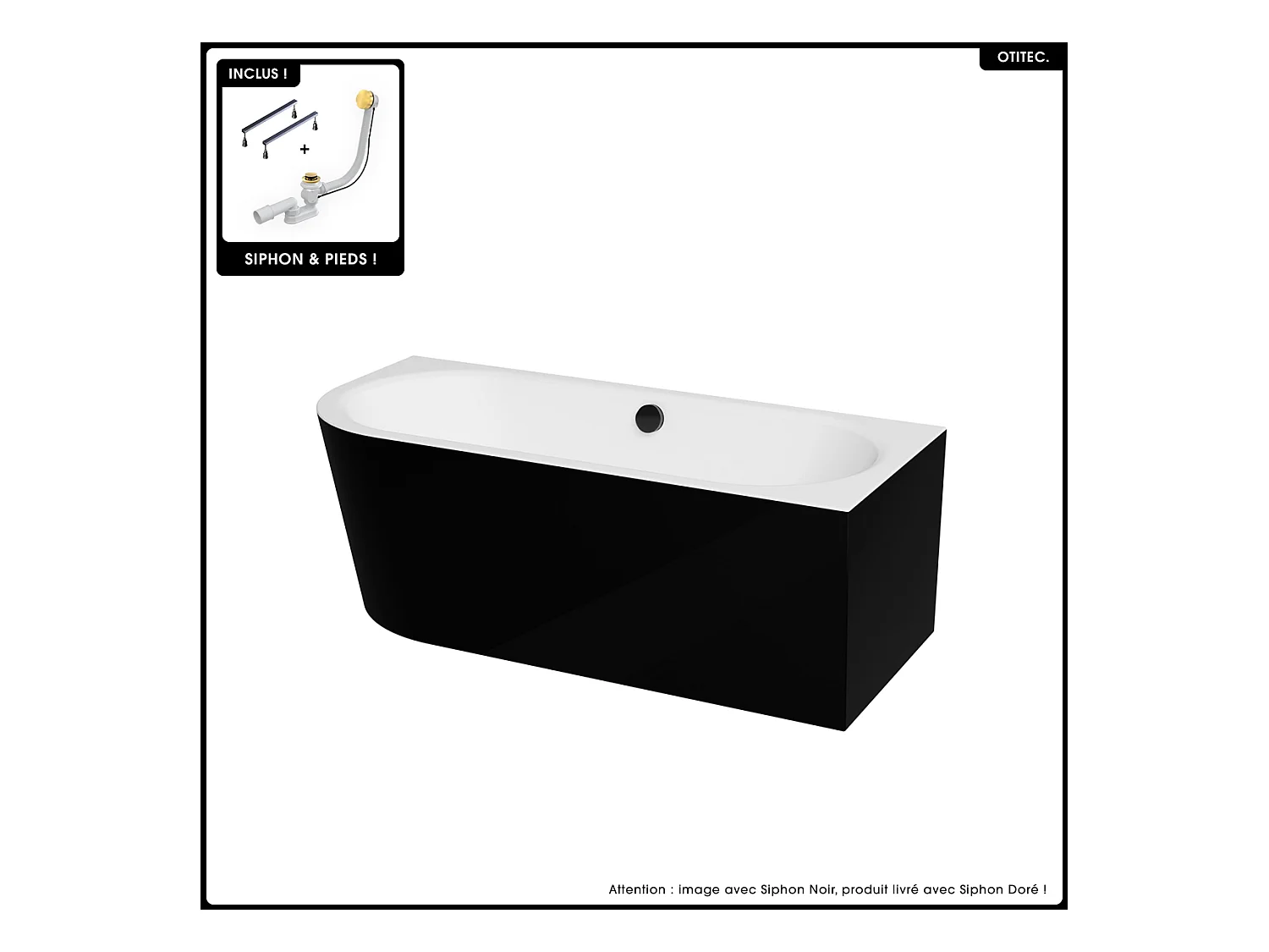 Baignoire asymétrique - 150 x 75 cm - Droite - Siphon Doré & Pieds - INCLUS - NOIR - AVITA A-LINE