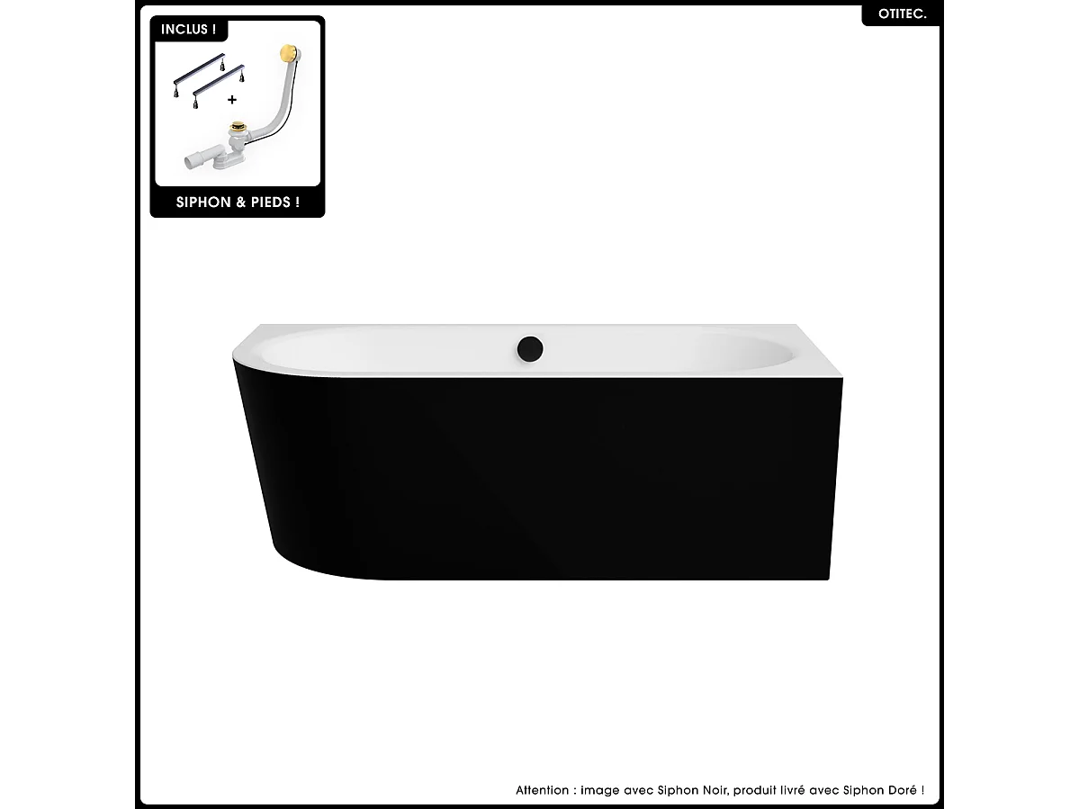 Baignoire asymétrique - 150 x 75 cm - Droite - Siphon Doré & Pieds - INCLUS - NOIR - AVITA A-LINE