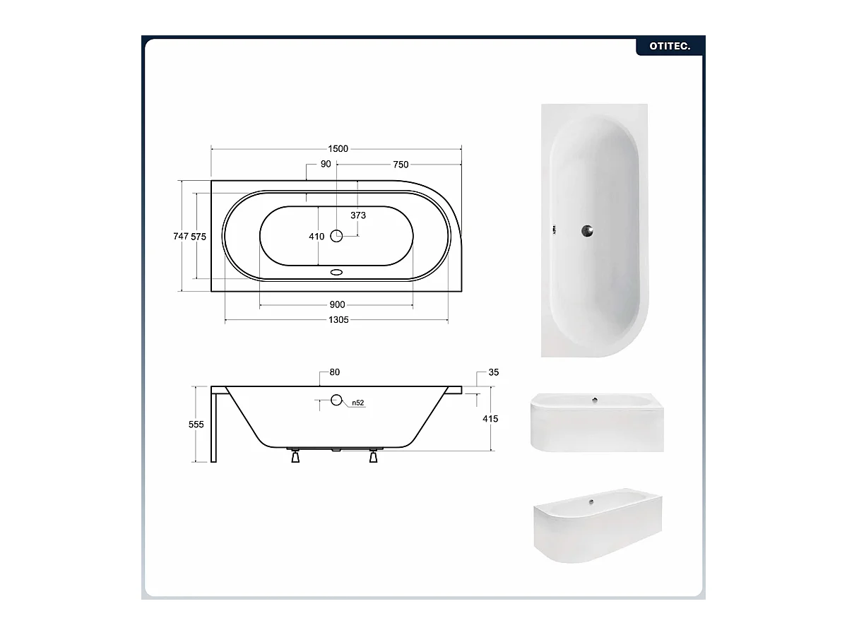 Baignoire asymétrique - 150 x 75 cm - Droite - Siphon Blanc & Pieds - INCLUS - NOIR - AVITA A-LINE