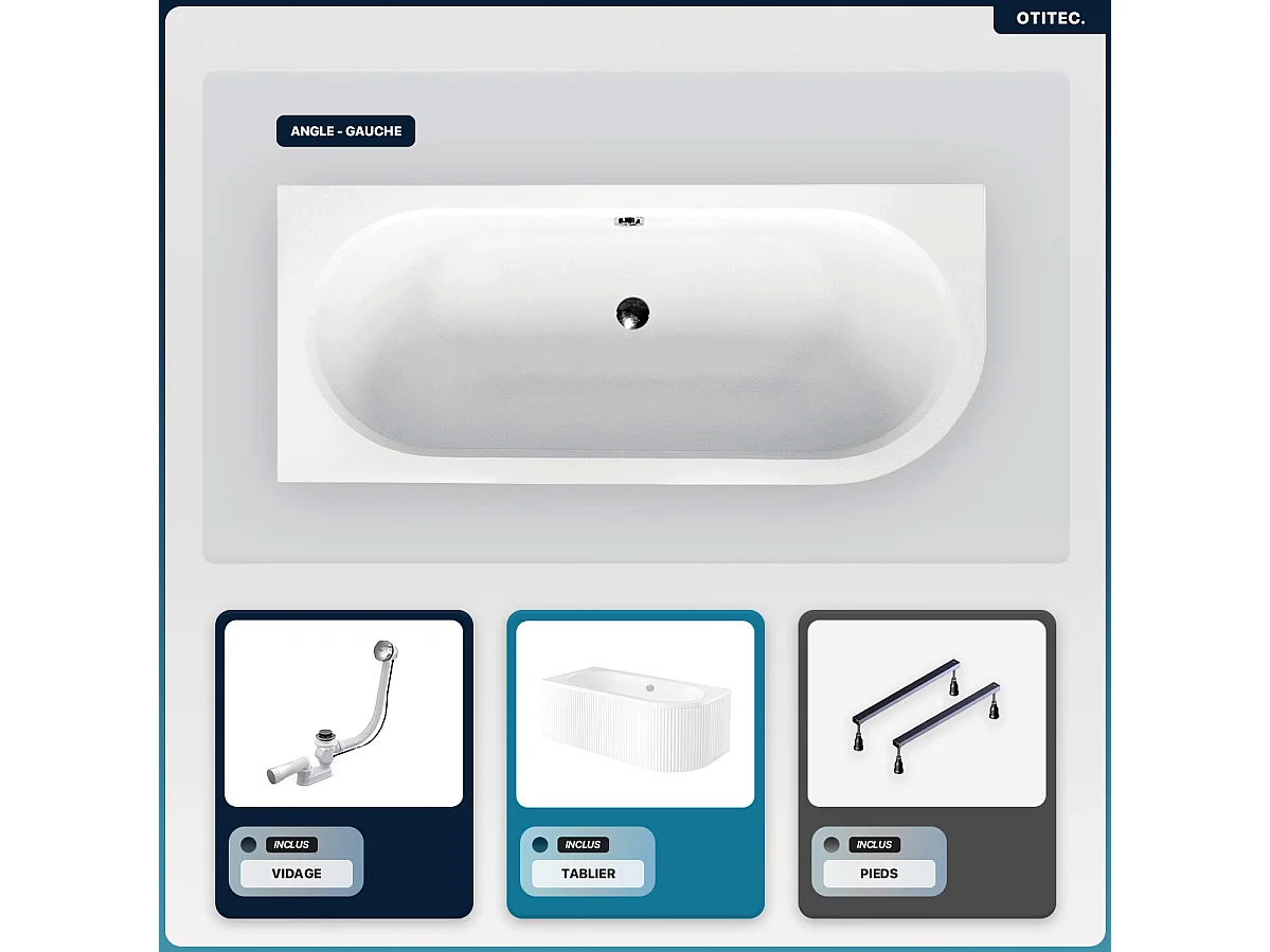 Baignoire asymétrique - 150 x 75 cm - Gauche - avec Tablier Rainuré - Siphon Chrome & Pieds - INCLUS - AVITA WHITE