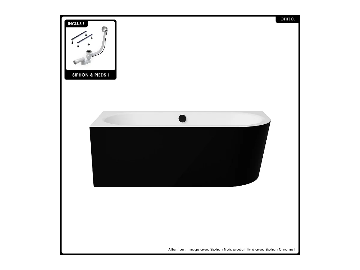 Baignoire asymétrique - 160 x 75 cm - Gauche - Siphon Chrome & Pieds - INCLUS - NOIR - AVITA A-LINE