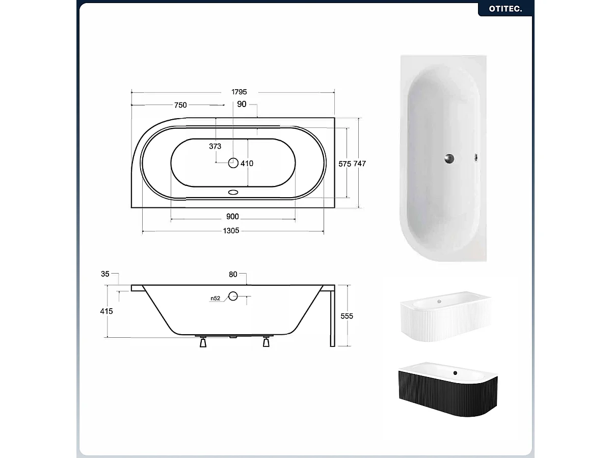 Baignoire asymétrique - 180 x 80 cm - Gauche - avec Tablier Rainuré - Siphon Chrome & Pieds - INCLUS - AVITA WHITE