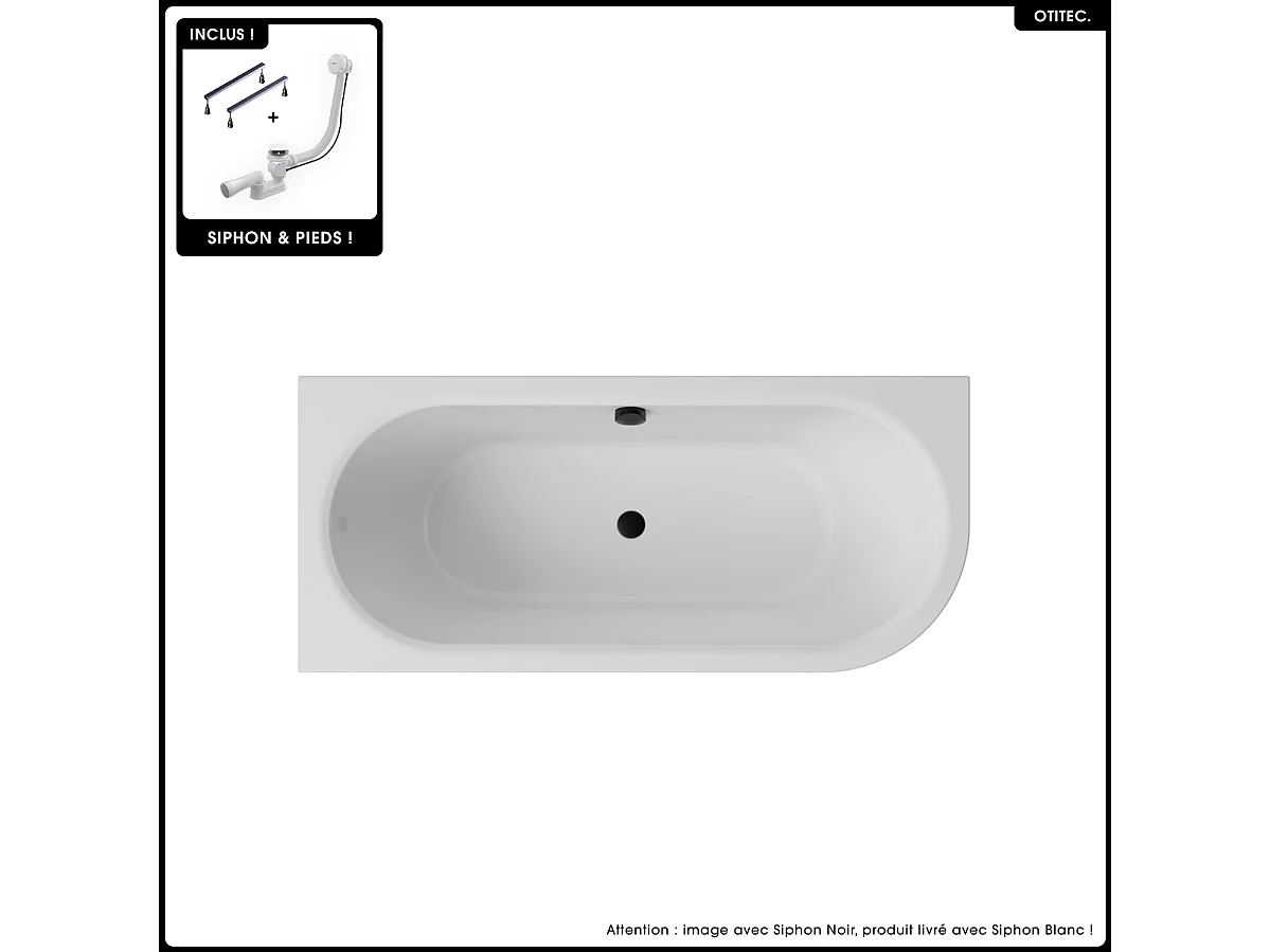 Baignoire asymétrique - 160 x 75 cm - Gauche - Siphon Blanc & Pieds - INCLUS - NOIR - AVITA A-LINE