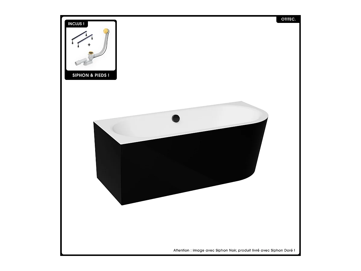 Baignoire asymétrique - 160 x 75 cm - Gauche - Siphon Doré & Pieds - INCLUS - NOIR - AVITA A-LINE