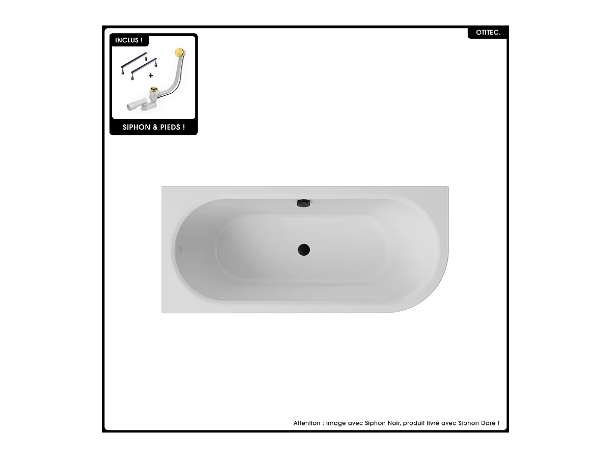 Baignoire asymétrique - 160 x 75 cm - Gauche - Siphon Doré & Pieds - INCLUS - NOIR - AVITA A-LINE