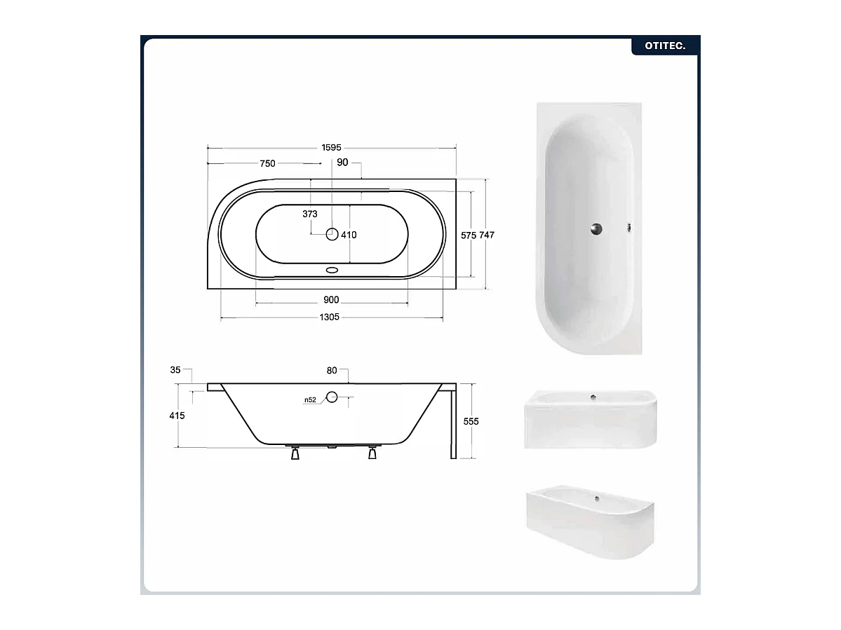 Baignoire asymétrique - 160 x 75 cm - Gauche - Siphon Doré & Pieds - INCLUS - NOIR - AVITA A-LINE